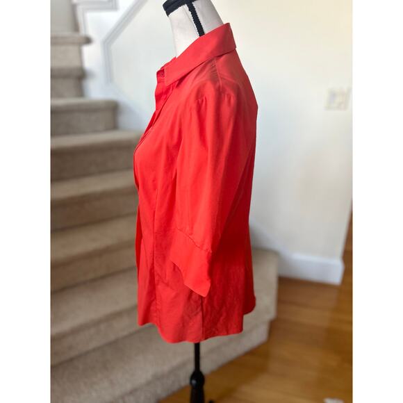 Lafayette 148 Orange Red Pin Tuck Pleat 3/4 Sleeve Collared Button Down Blouse - Picture 2 of 6